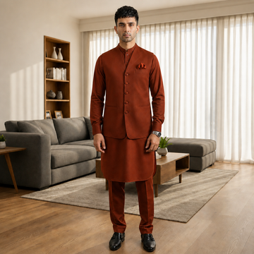 3-Piece Premium Shalwar Kameez with Waistcoat D2 Copper
