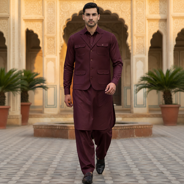 3-Piece Premium Trending Shalwar Kameez Maroon with Waistcoat