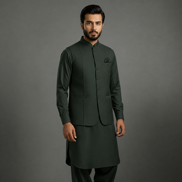 3-Piece Premium Shalwar Kameez with Waistcoat D1 Moss Green