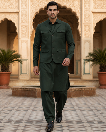 3-Piece Premium Trending Shalwar Kameez Moss Green with Waistcoat