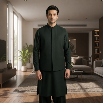 3-Piece Premium Shalwar Kameez with Waistcoat D3 Moss Green