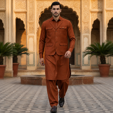 3-Piece Premium Trending Shalwar Kameez Copper with Waistcoat