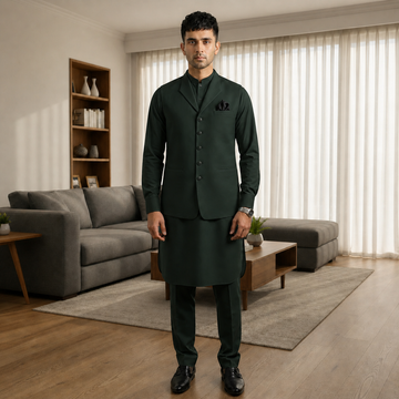 3-Piece Premium Shalwar Kameez with Waistcoat D2 Moss Green