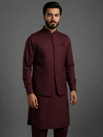 3-Piece Premium Shalwar Kameez with Waistcoat D1 Maroon
