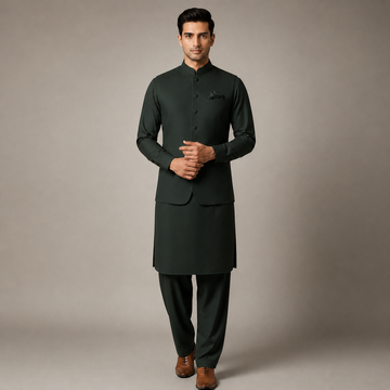 3-Piece Premium Shalwar Kameez with Waistcoat D4 Moss Green