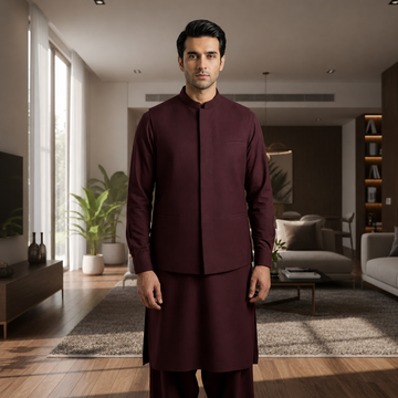 3-Piece Premium Shalwar Kameez with Waistcoat D3 Maroon