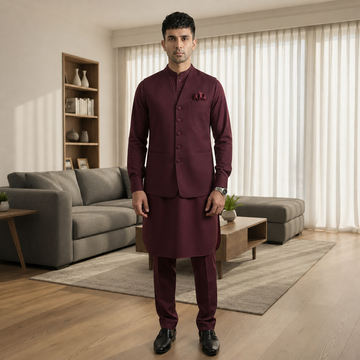 3-Piece Premium Shalwar Kameez with Waistcoat D2 Maroon