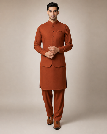 3-Piece Premium Shalwar Kameez with Waistcoat D4 Copper