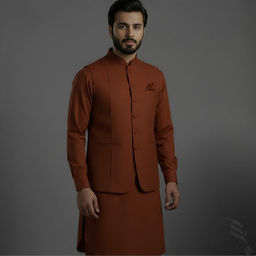 3-Piece Premium Shalwar Kameez with Waistcoat D1 Copper