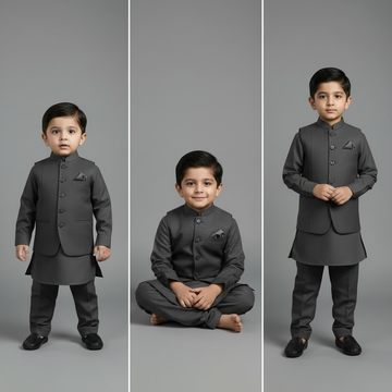Kids 3-Piece Premium Shalwar Kameez with Waistcoat D1 Grey