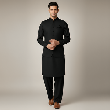 3-Piece Premium Shalwar Kameez with Waistcoat D4 Black