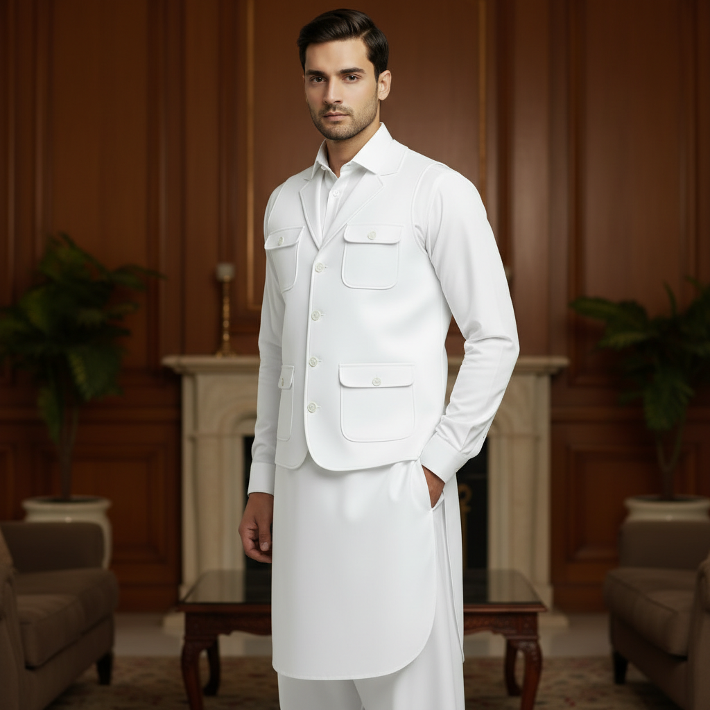 3-Piece Premium Trending Shalwar Kameez Off-White with Waistcoat
