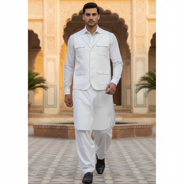 3-Piece Premium Trending Shalwar Kameez Off-White with Waistcoat