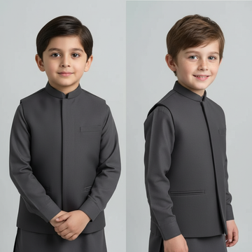Kids 3 Piece Premium Shalwar Kameez with Waistcoat D3 Grey