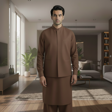 3-Piece Premium Shalwar Kameez with Waistcoat D3 Brown