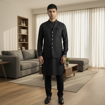 3-Piece Premium Shalwar Kameez with Waistcoat D2 Black