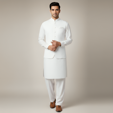3-Piece Premium Shalwar Kameez with Waistcoat D4 White