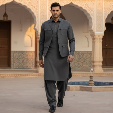 3-Piece Premium Trending Shalwar Kameez Grey with Waistcoat