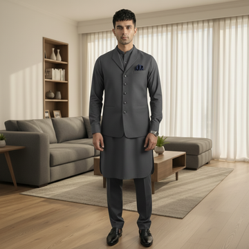 3-Piece Premium Shalwar Kameez with Waistcoat D2 Grey