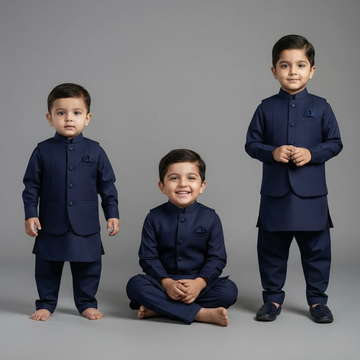 Kids 3-Piece Premium Shalwar Kameez with Waistcoat D1 Blue