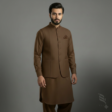 3-Piece Premium Shalwar Kameez with Waistcoat D1 Brown
