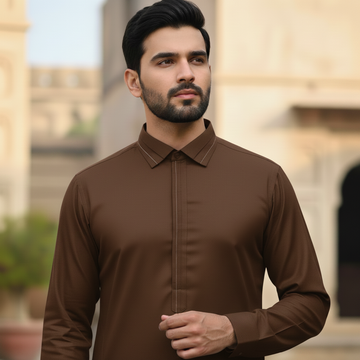Wash & Wear Stitched Shalwar Kameez Brown D3