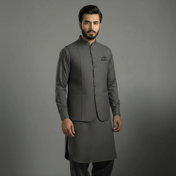 3-Piece Premium Shalwar Kameez with Waistcoat D1 Grey