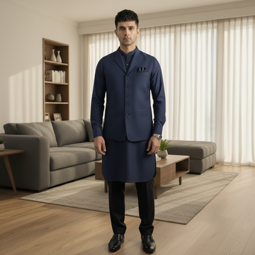 3-Piece Premium Shalwar Kameez with Waistcoat D2 Blue