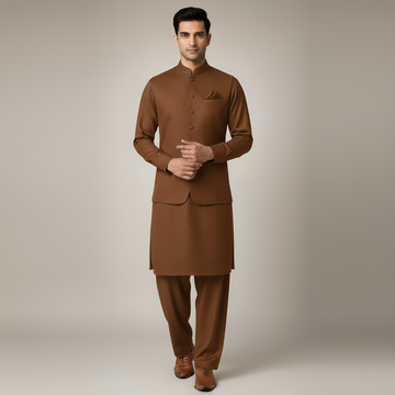 3-Piece Premium Shalwar Kameez with Waistcoat D4 Brown