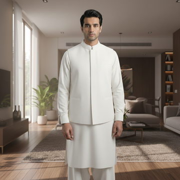 3-Piece Premium Shalwar Kameez with Waistcoat D3 White