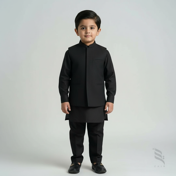 Kids 3 Piece Premium Shalwar Kameez with Waistcoat D3 Black