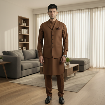 3-Piece Premium Shalwar Kameez with Waistcoat D2 Brown