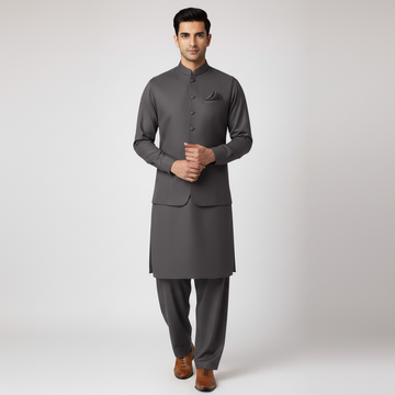 3-Piece Premium Shalwar Kameez with Waistcoat D4 Grey