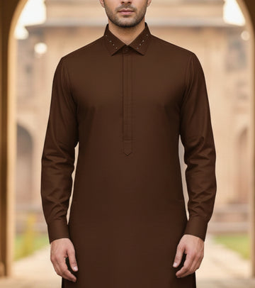 Wash & Wear Brown Stitched Shalwar Kameez D11