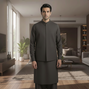 3-Piece Premium Shalwar Kameez with Waistcoat D3 Grey