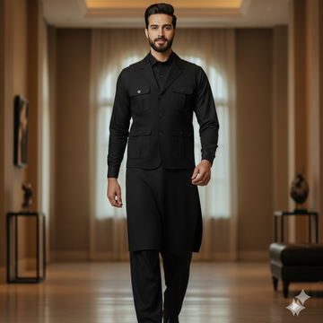 3-Piece Premium Trending Shalwar Kameez Black with Waistcoat
