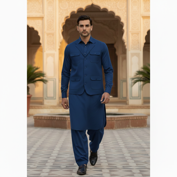 3-Piece Premium Trending Shalwar Kameez Navy Blue with Waistcoat