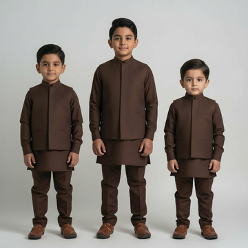 Kids 3 Piece Premium Shalwar Kameez with Waistcoat D3 Brown