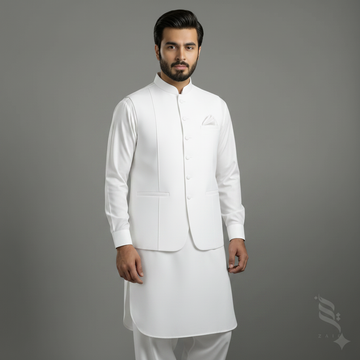 3-Piece Premium Shalwar Kameez with Waistcoat D1 White