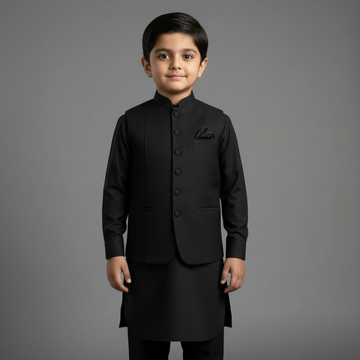 Kids 3-Piece Premium Shalwar Kameez with Waistcoat D1 Black