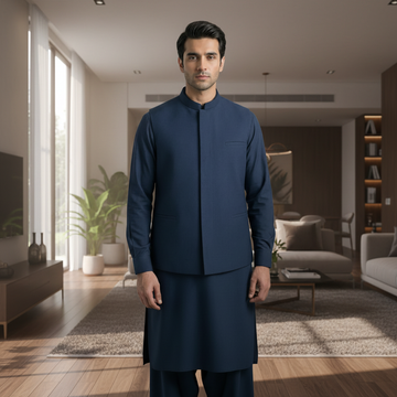 3-Piece Premium Shalwar Kameez with Waistcoat D3 Blue
