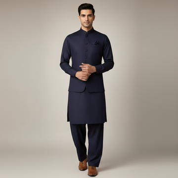 3-Piece Premium Shalwar Kameez with Waistcoat D4 Blue