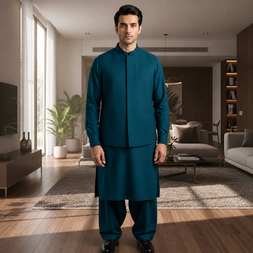 3-Piece Premium Shalwar Kameez with Waistcoat D3 Green