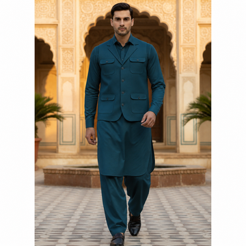 3-Piece Premium Trending Shalwar Kameez Green with Waistcoat