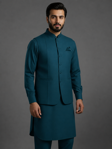 3-Piece Premium Shalwar Kameez with Waistcoat D1 Green