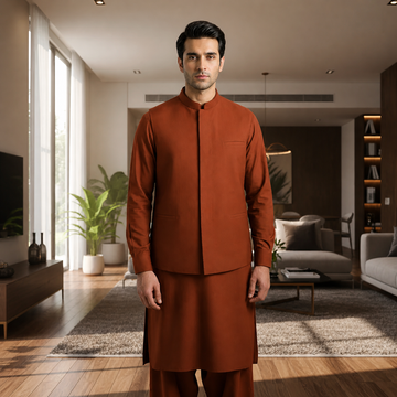 3-Piece Premium Shalwar Kameez with Waistcoat D3 Copper