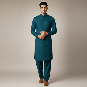 3-Piece Premium Shalwar Kameez with Waistcoat D4 Green